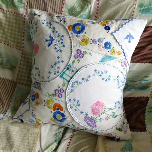 Crazy Patchwork Cushion - Blue Birds