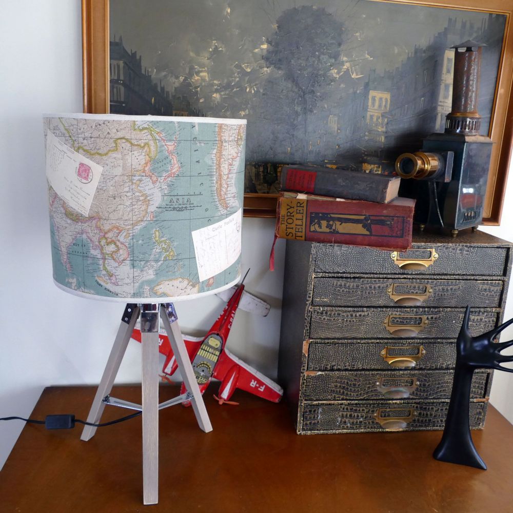 Large Vintage Map Lampshade & Lamp Base - Teal