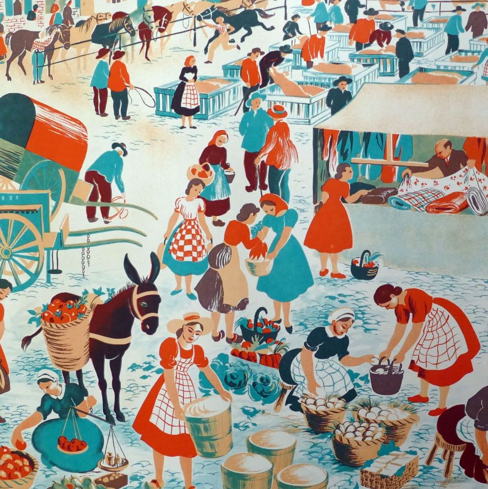 Vintage French School Print - Helen Poirie - The Market