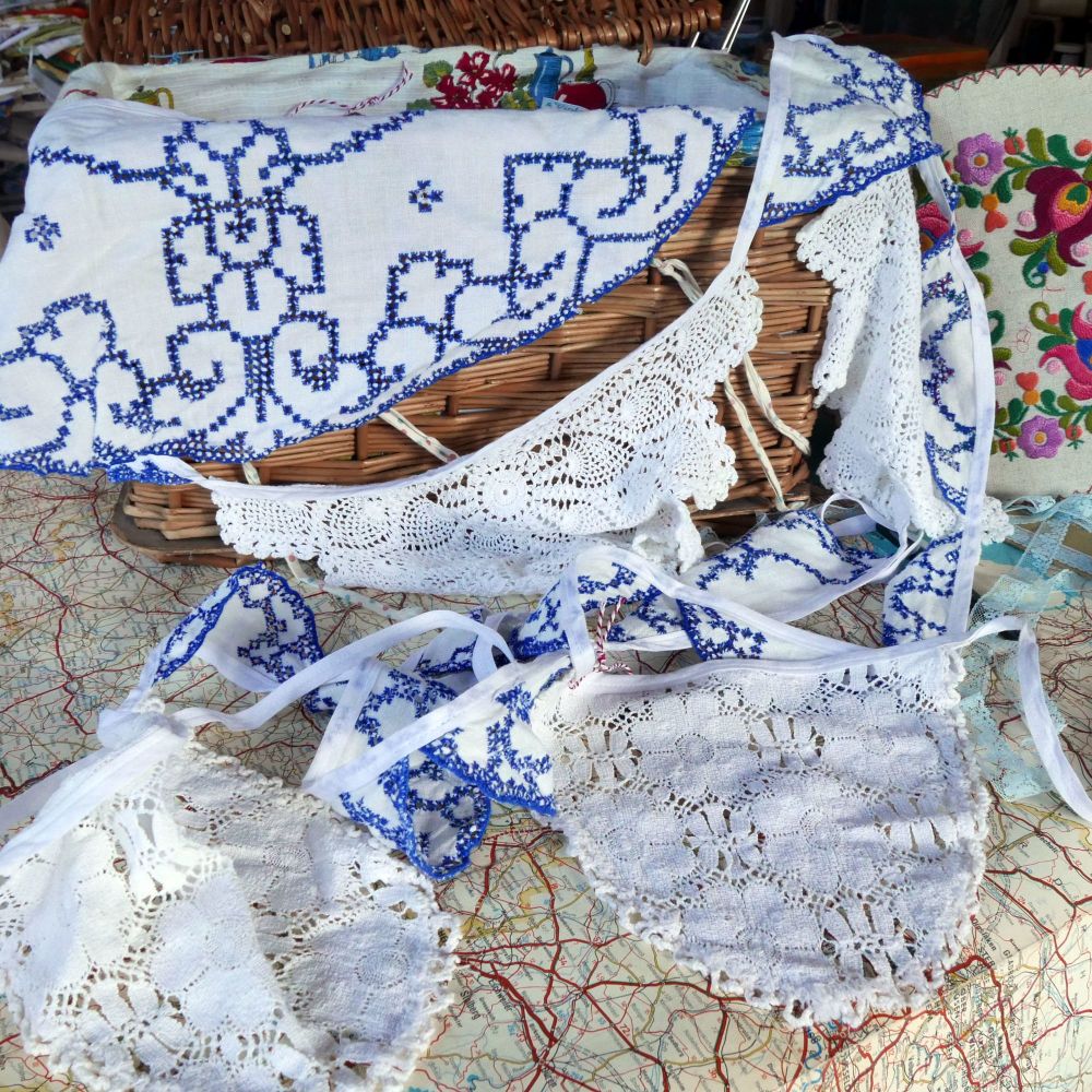 Vintage Doily Bunting - 5 Metres - Blue & White 2