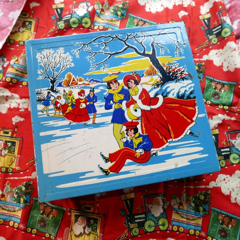 Vintage Christmas Biscuit Tin - Skating
