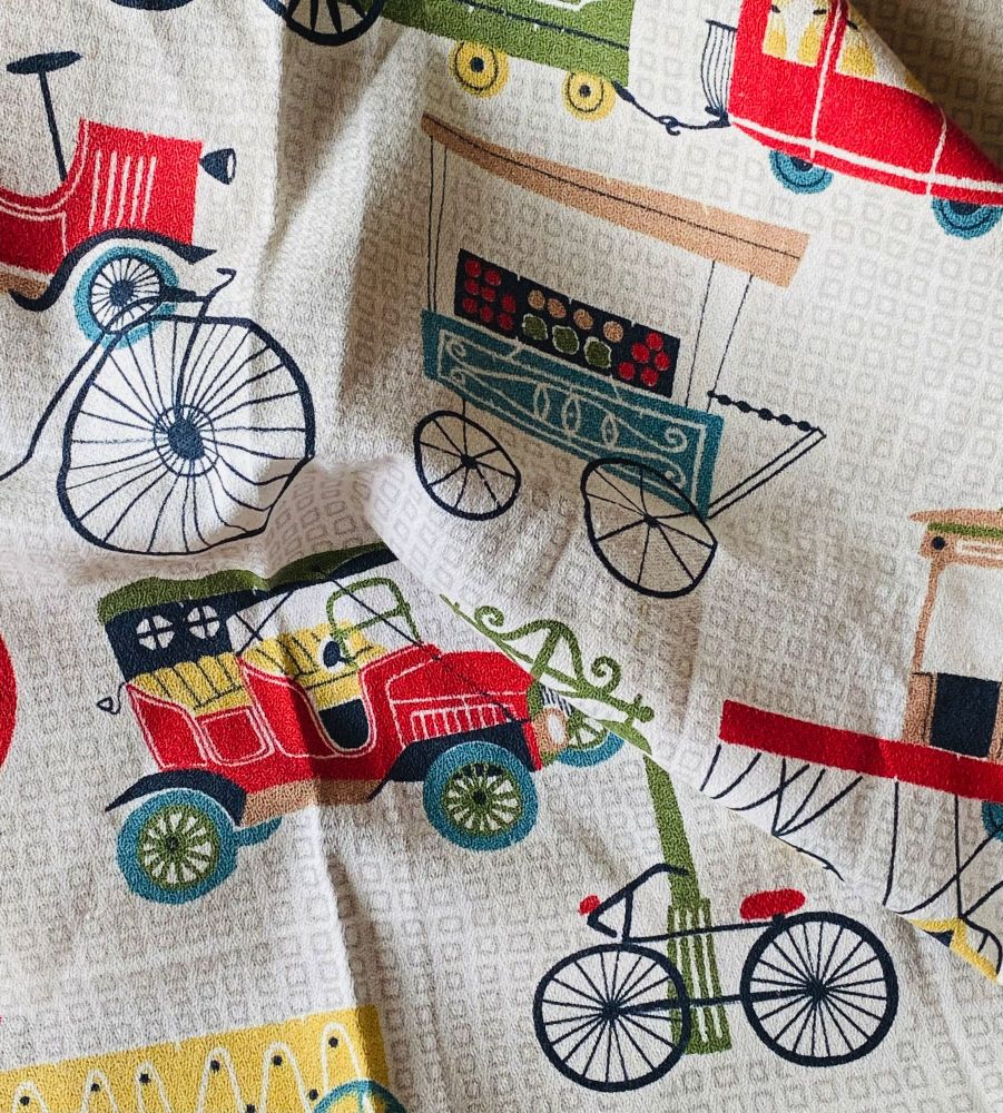 1960's Vintage Fabric with Cars & Trains - 70cm x 60cm