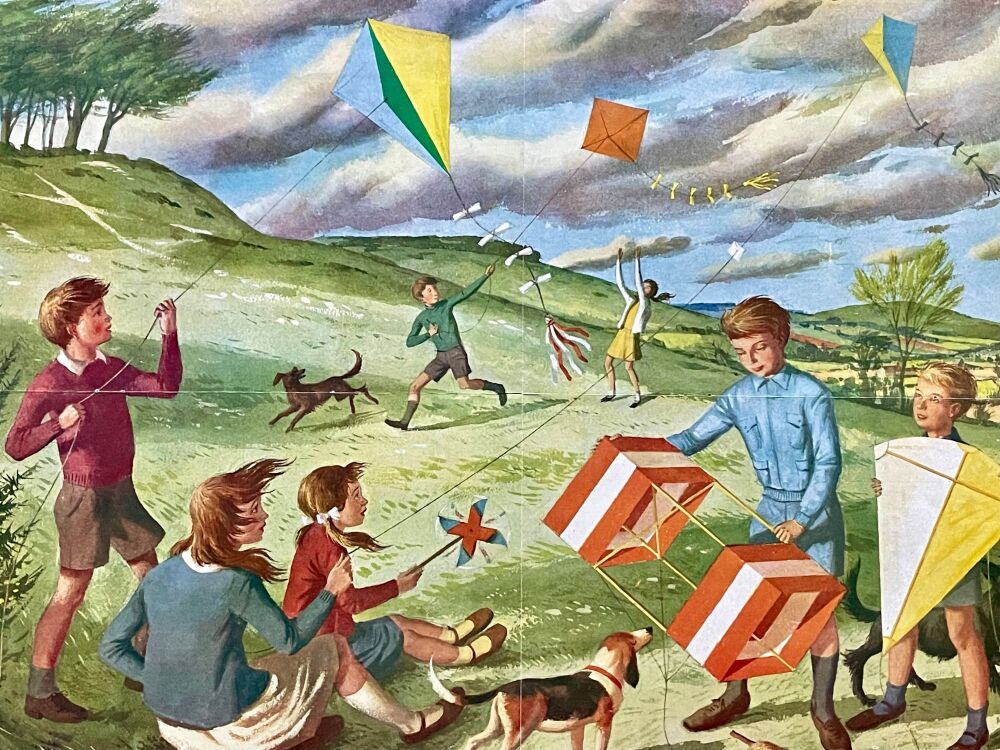 Vintage School Print - Flying Kites