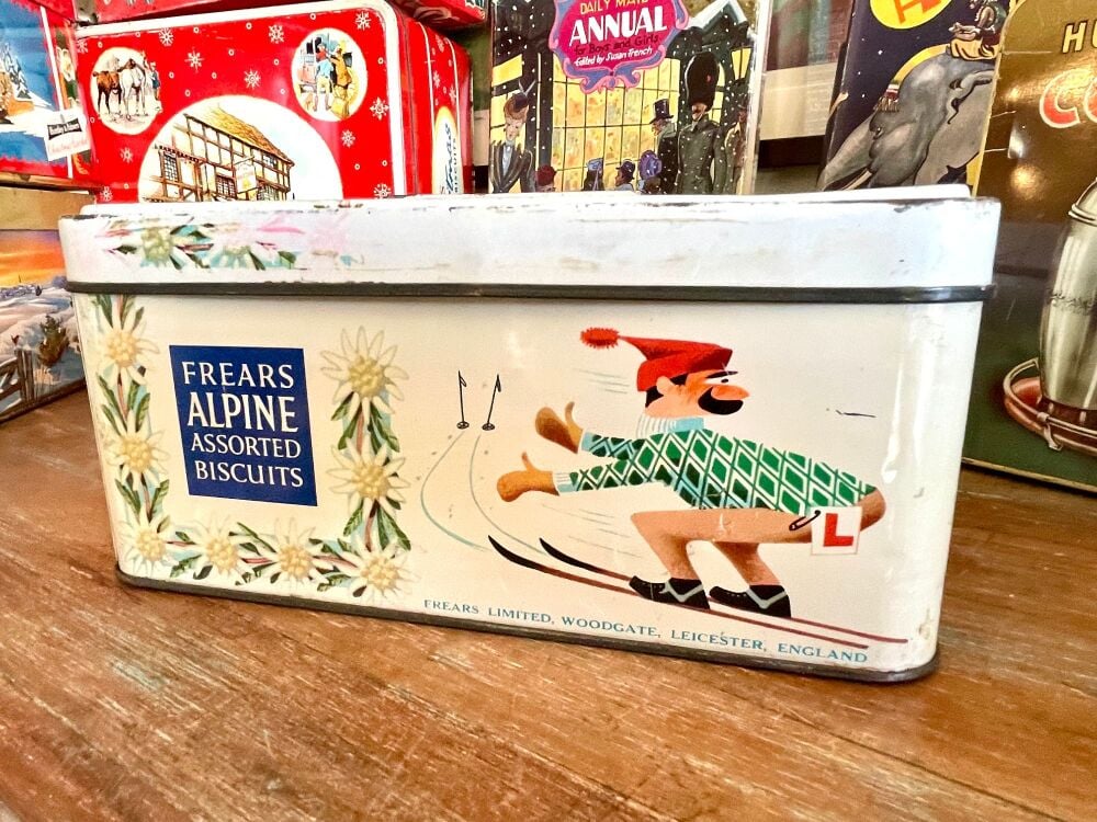 Frears Christmas Tin - Christmas Biscuit Tin - Alpine Tin - 1960 - Skiing