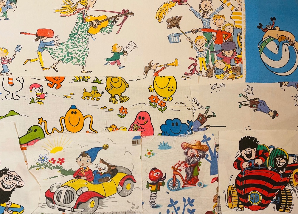 Vintage Childrens Fabric Scrap Box - Fun, Bright Theme - Original Fabrics -