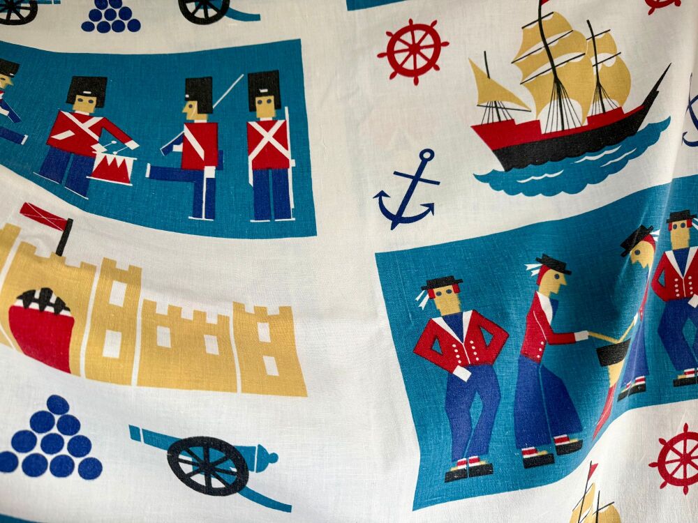 1970's Folk Art Print Sailor & Soldier Cotton - 90cm Wide