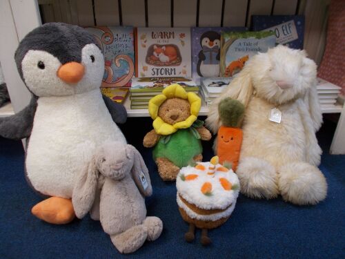 Jellycat Peanut Penguin, Bartholomew Daffodil, Springlowe Luxe Bunny, Carrot Cake