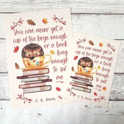 Autumn Hedgehog Book Print, C.S. Lewis Book and Tea Quote