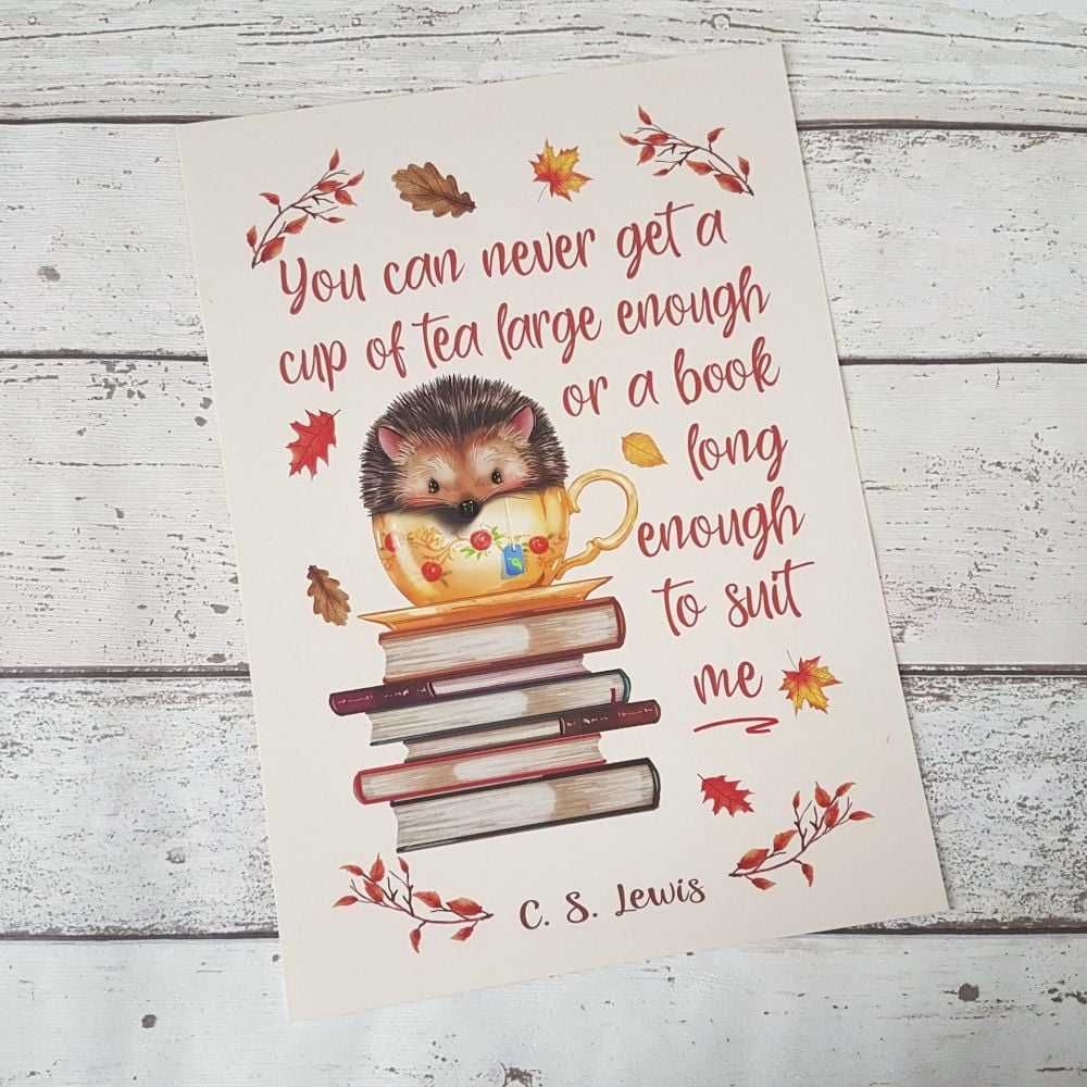 Autumn Hedgehog Book Print, C.S. Lewis Book and Tea Quote