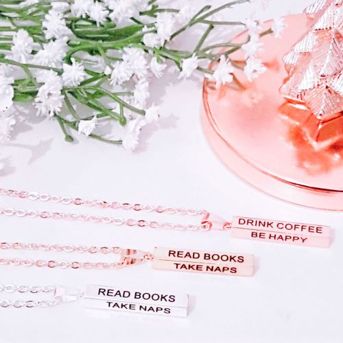 Books & Coffee Vertical Bar Pendant 4-sided design, Silver, Gold or Rose Go