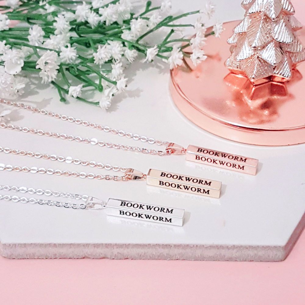 Bookworm Vertical Bar Necklace, 4-sided Engraved Pendant, Silver, Gold, Ros
