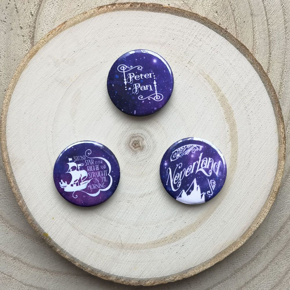Peter Pan Neverland Galaxy Pin Buttons - Mini Bookish Pin Badges 25mm Set o