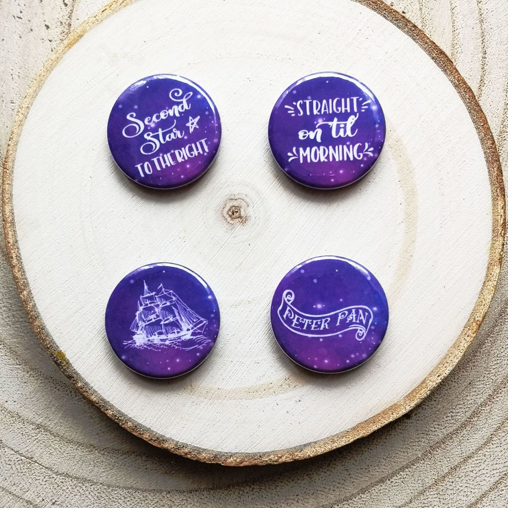 Peter Pan Galaxy Star Quote Pin Buttons - Mini Bookish Pin Badges 25mm Set