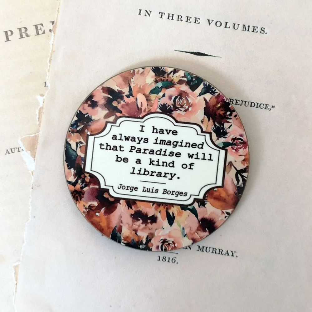 Autumn Floral Book Lovers Coaster with Borges Library Quote
