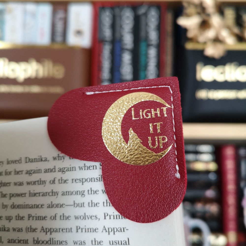 Crescent City PU Leather Heart-Shaped REd Bookmark - Light It Up Quote - Official Sarah J Maas Licenced Product