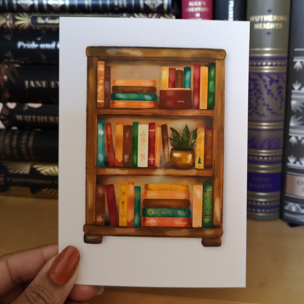Cosy Reads Watercolor Bookcase  Print.- UNFRAMED A4, A5, A6