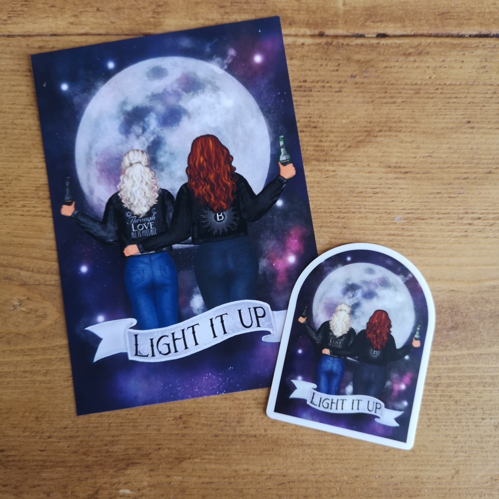 Light It Up" Crescent City Print & Sticker, Featuring Bryce and Danika - Celestial Moon - UNFRAMED A4, A5, A6