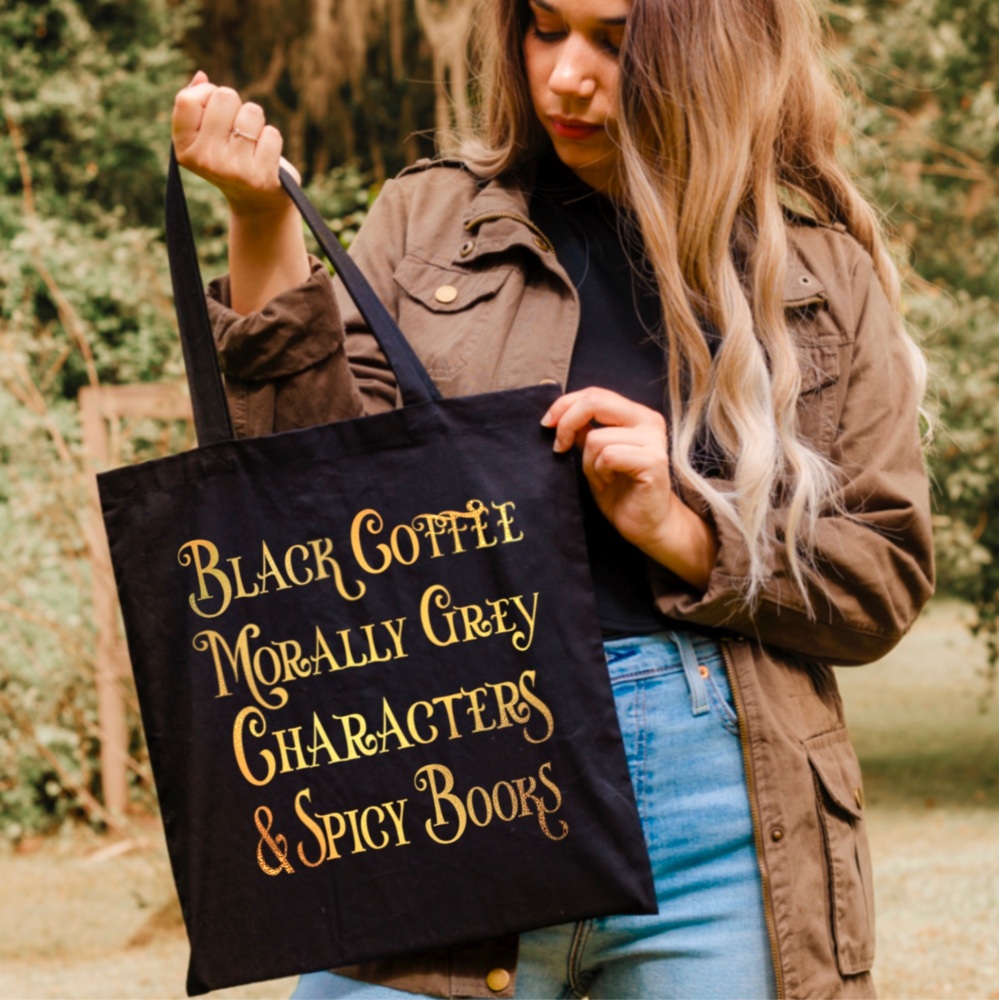 Morally Grey t-shirt, Black Coffee, Spicy Books Tote Bag