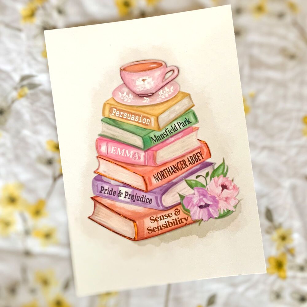 Jane Austen Pastel Bookstack Print, Gifts for Book Lovers - UNFRAMED A4, A5, A6