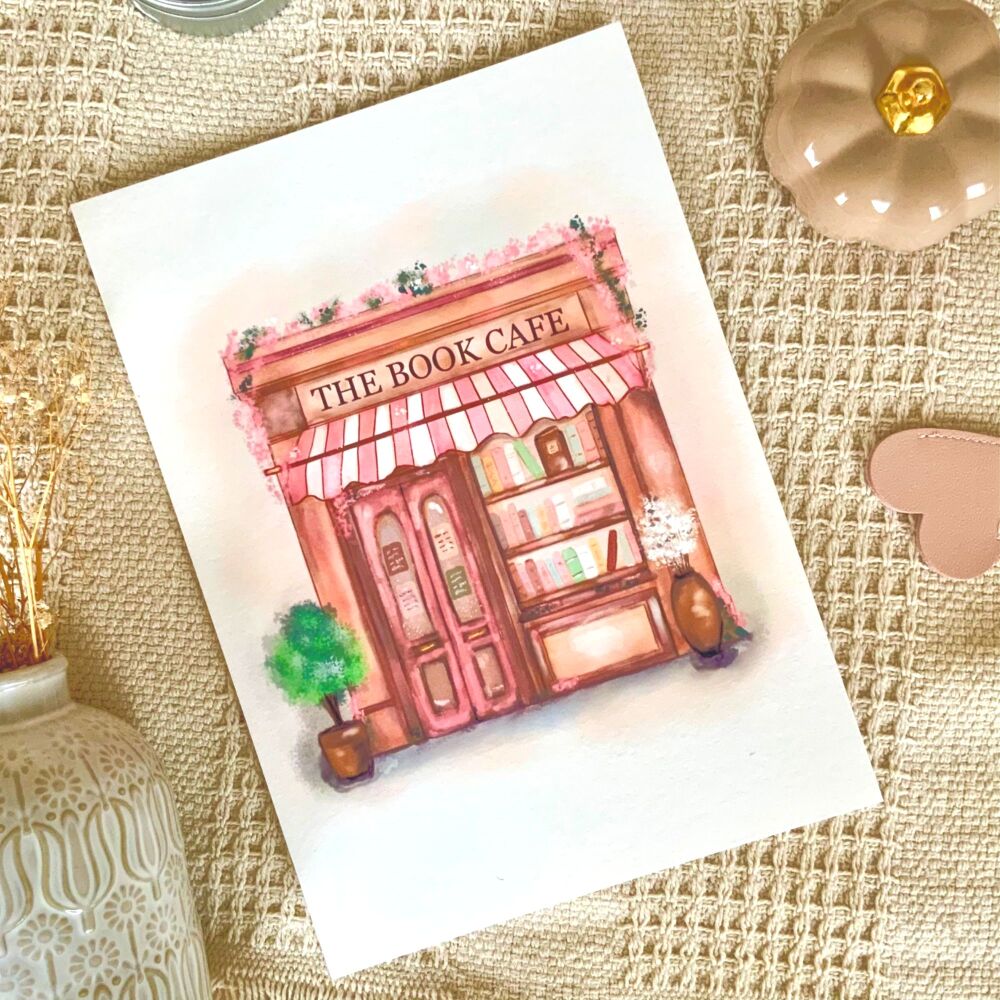 Book Cafe Pastel Cosy Bookshop Print, Gifts for Book Lovers - UNFRAMED A4, 