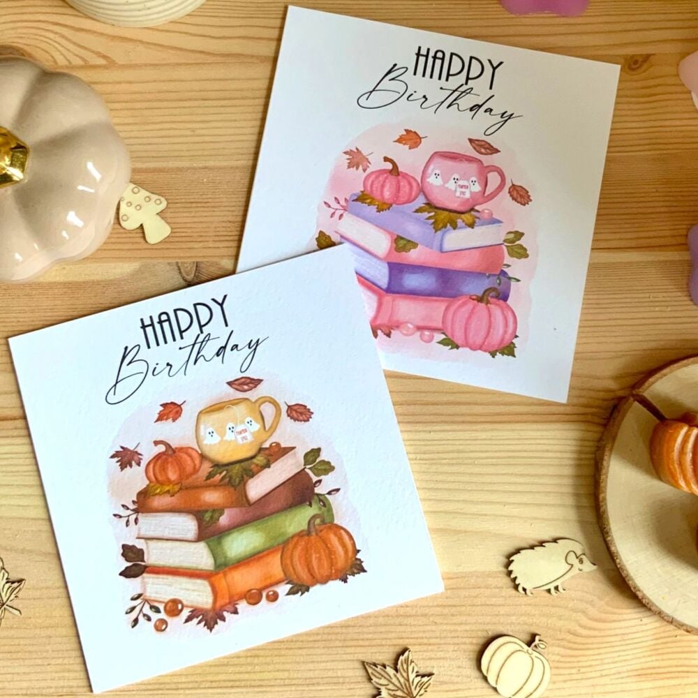 Autumn Book Lover Birthday Card in Pink or Brown/Orange