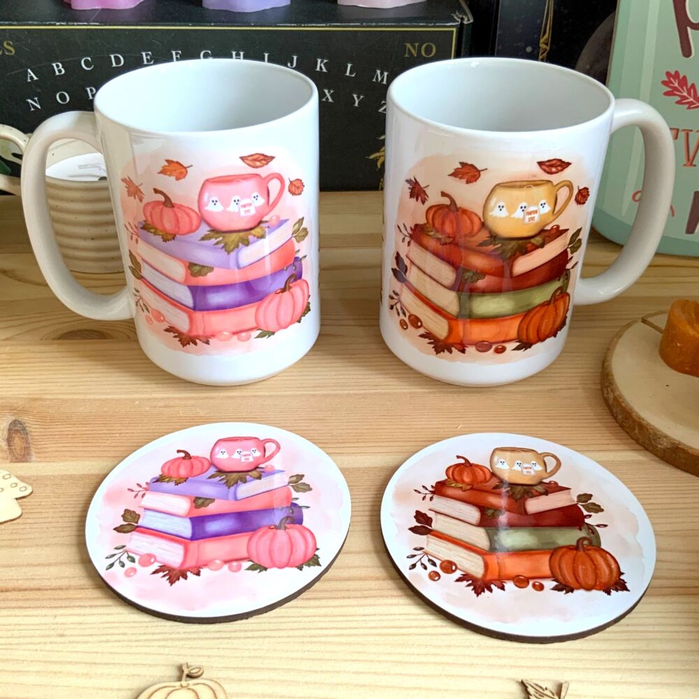 Autumn Cosy Bookish Mug, Pink or Orange/Brown-  15oz mug with Coaster (Optional)