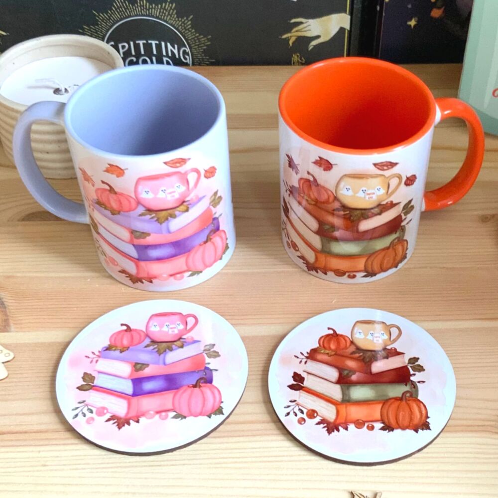 Autumn Cosy Book Lover Mug, Pink & Lilac or Orange/Brown, 11oz mug with Coaster (Optional)