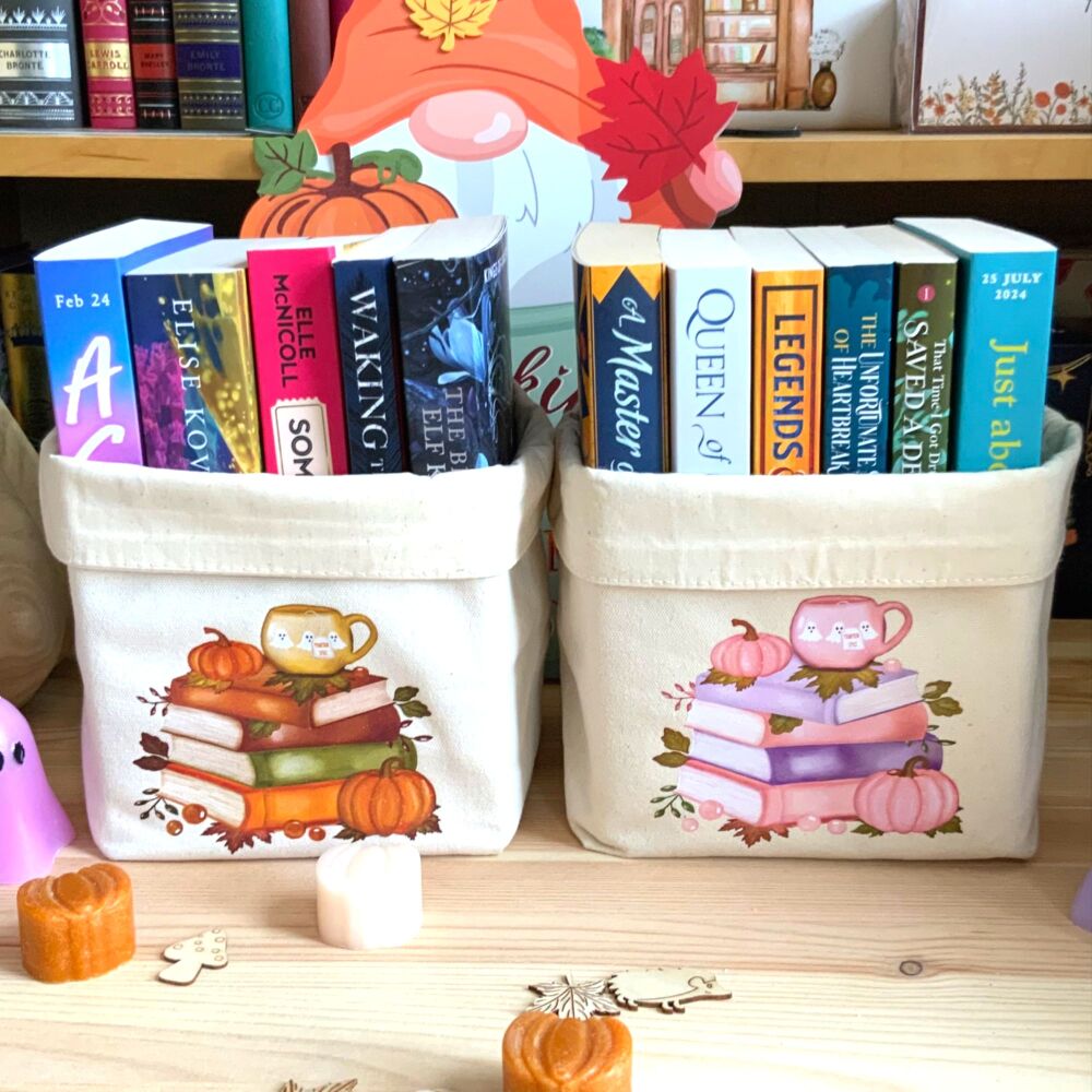 Autumn Book Lover Book Basket - Pink or Brown with Orange, Small TBR Holder