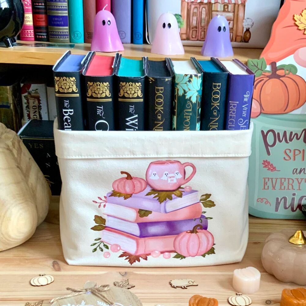 Autumn Book Lover Book Basket -  Pink Design  Large - For Hardcovers & Paperbacks