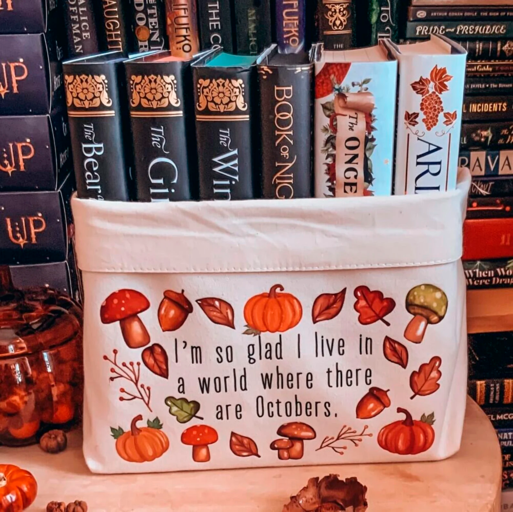 Autumnal Woodland Book Basket, With LM Montgomery Quote, TBR Basket