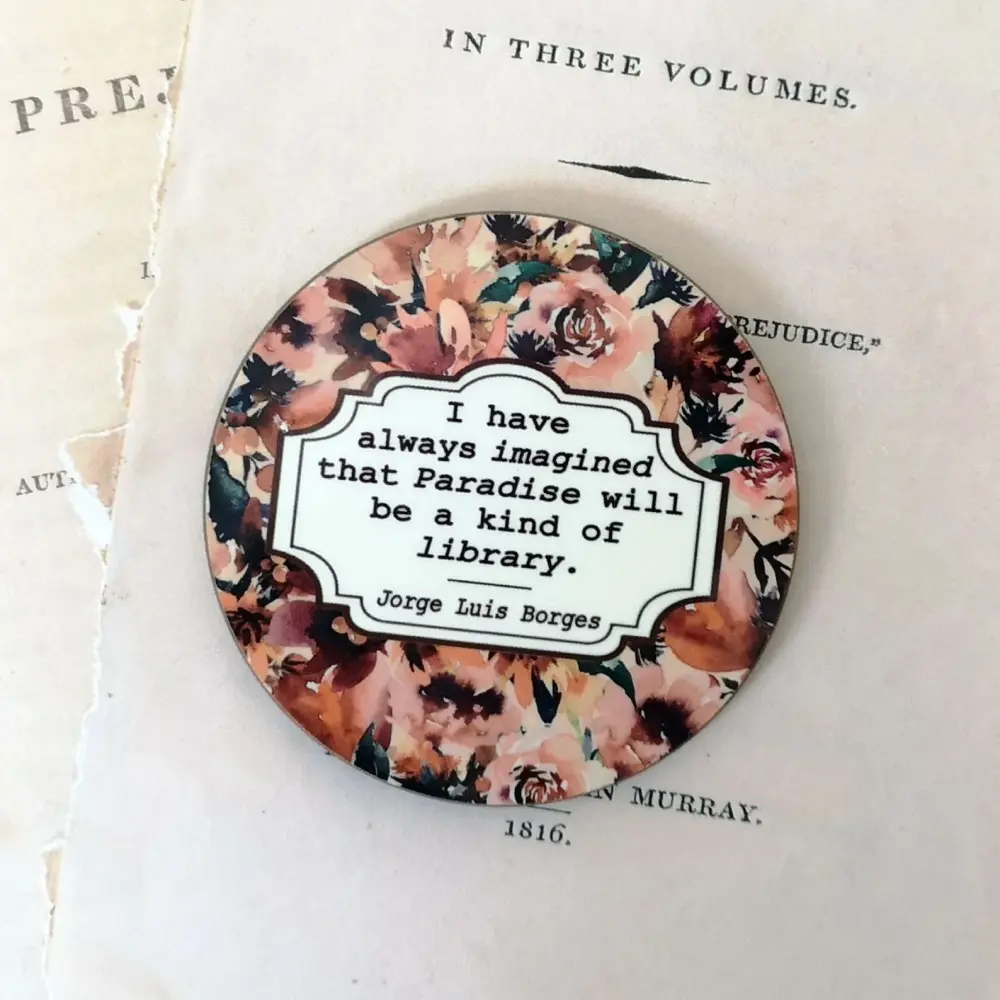 Autumn Floral Book Lovers Coaster with Borges Library Quote