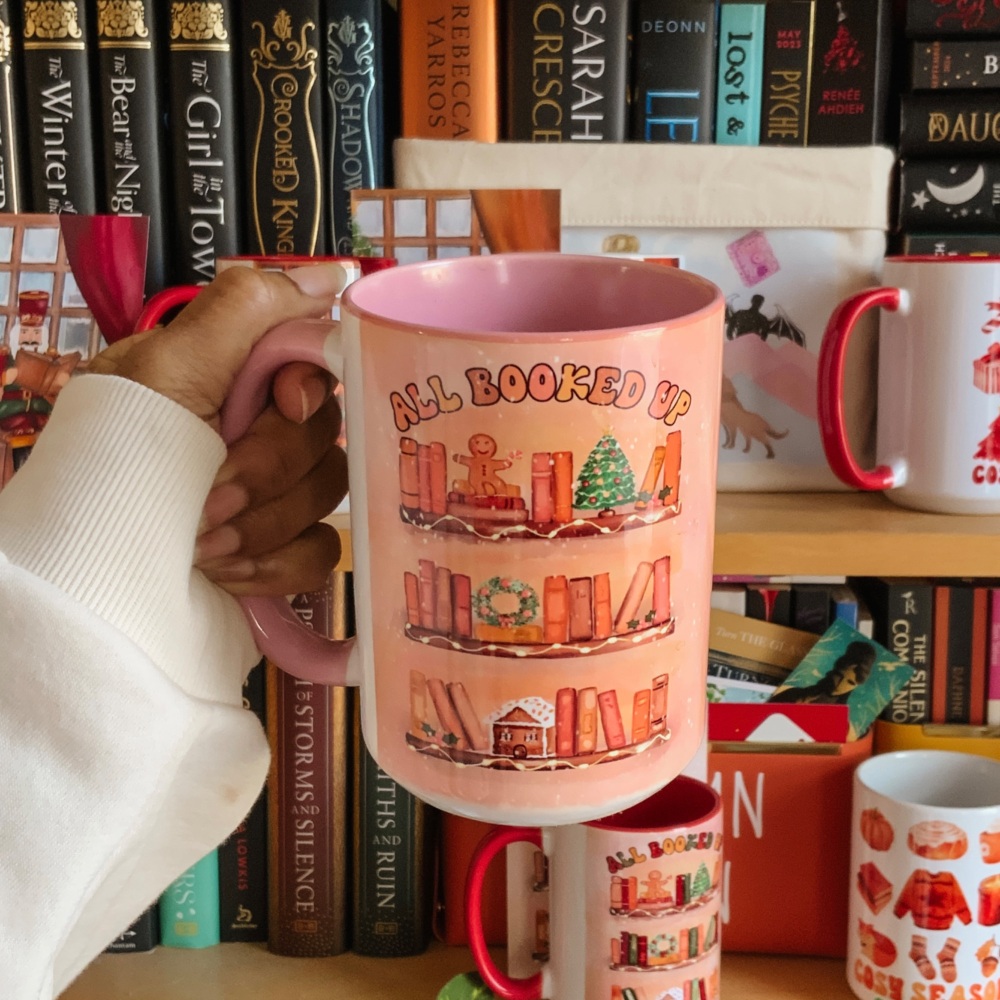 Bookish Christmas Shelves Mug, 15oz Pink