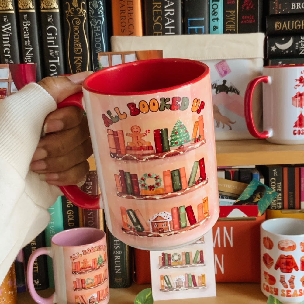 Bookish Christmas Shelves Mug, 15oz Red