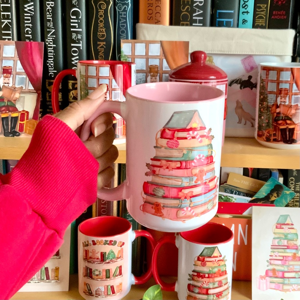 Christmas Book Tree Mug, 15oz Pink
