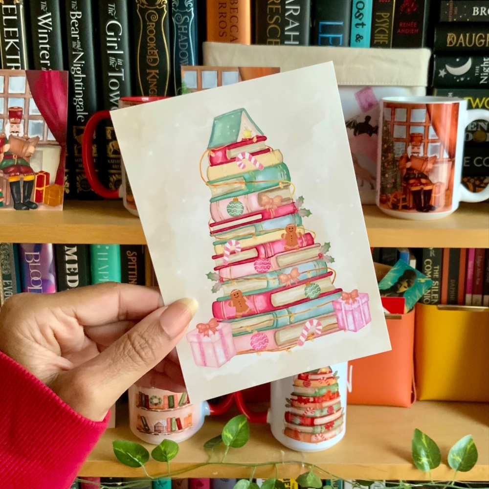 Christmas Book Tree Print - UNFRAMED A4, A5, A6, UNFRAMED A4, A5, A6 - Pink and Gold