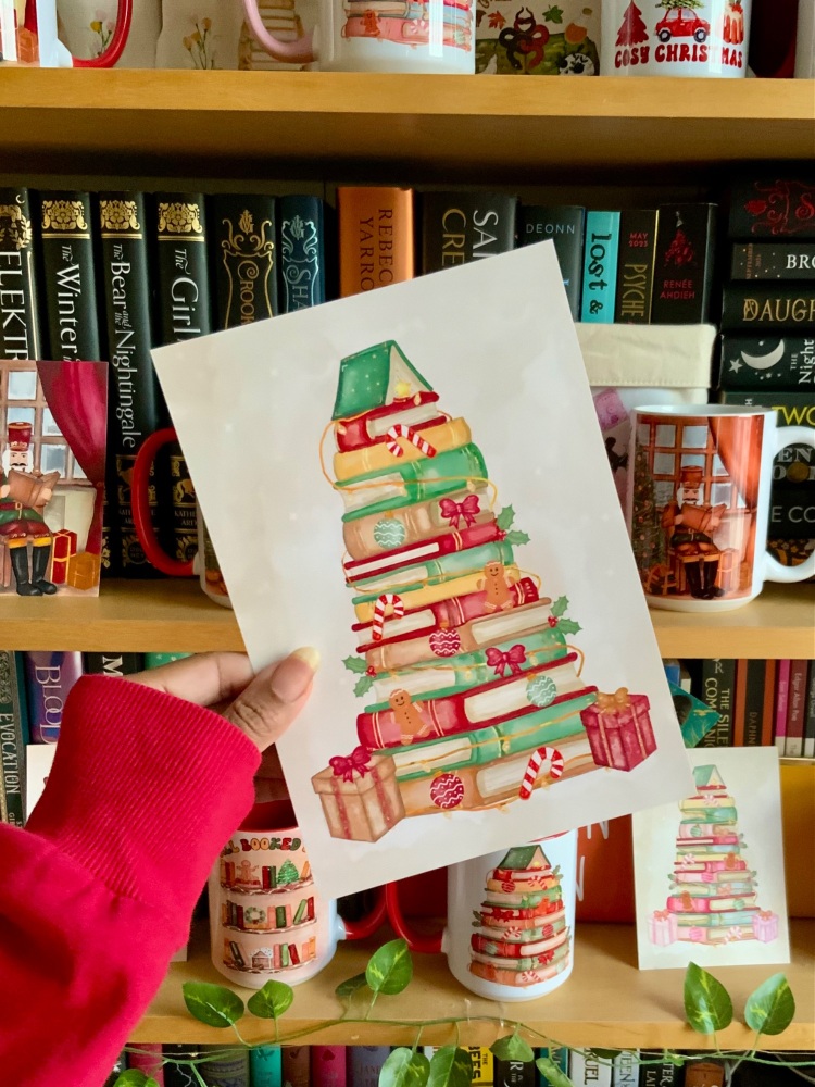 Christmas Book Tree Print - UNFRAMED A4, A5, A6, UNFRAMED A4, A5, A6 - Red and Gold