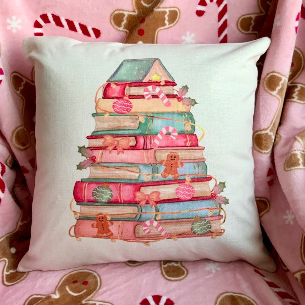Christmas Book Tree Cushion Cover - Pink
