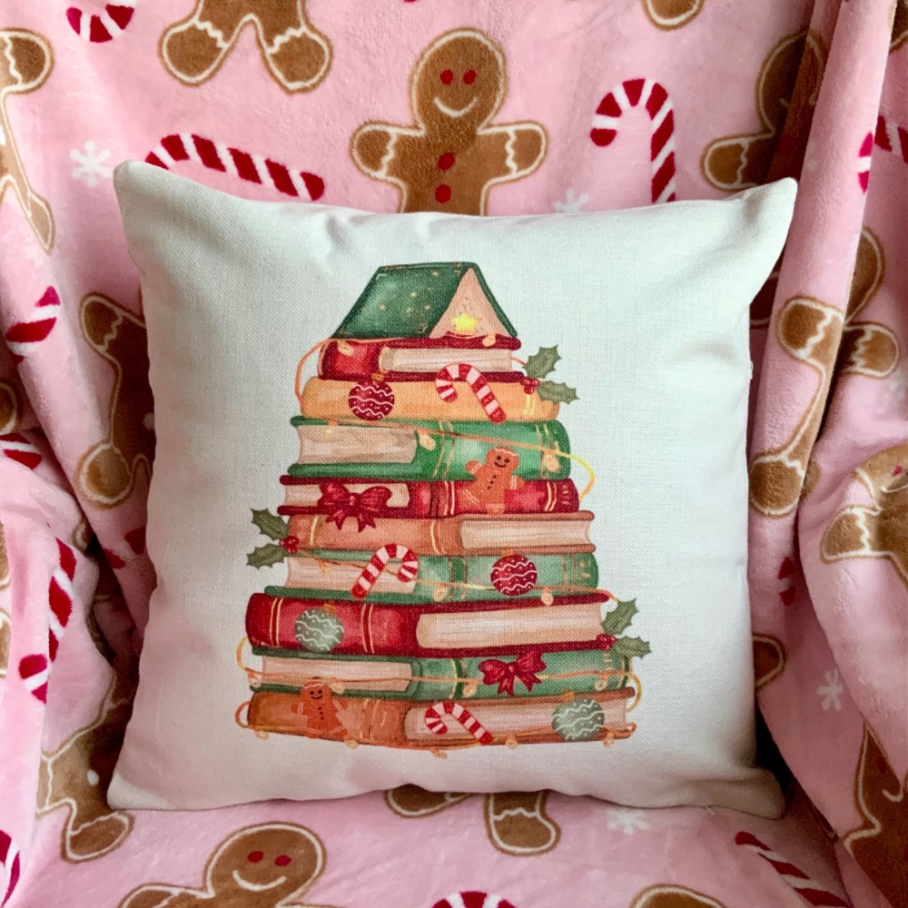 Christmas Book Tree Cushion Cover - Red