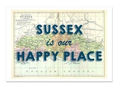 This "Sussex is our Happy Place Quote on Vintage Sussex Map Print" is available from Beach House Art