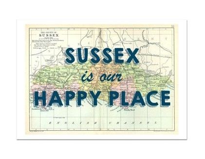 This "Sussex is our Happy Place" Quote on a Vintage Sussex Map Print is available from Beach House Art