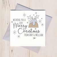 <!-- 013-->Personalised Glittery Pudding Christmas Cards