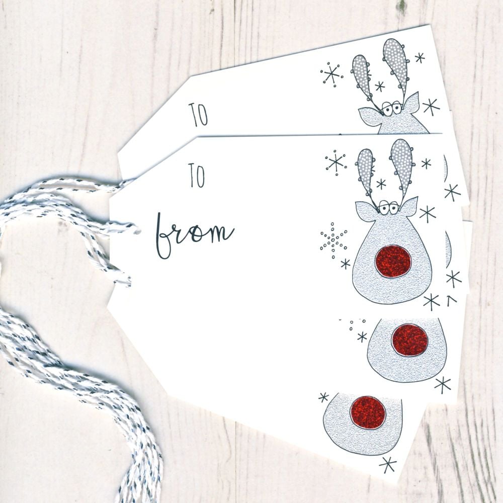 Pack of 5 Glittery Rudolph Gift Tags