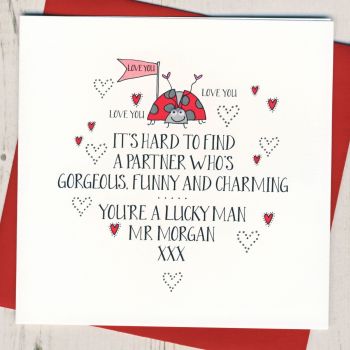 Personalised Wobbly Eyes Lucky Man Valentines Card