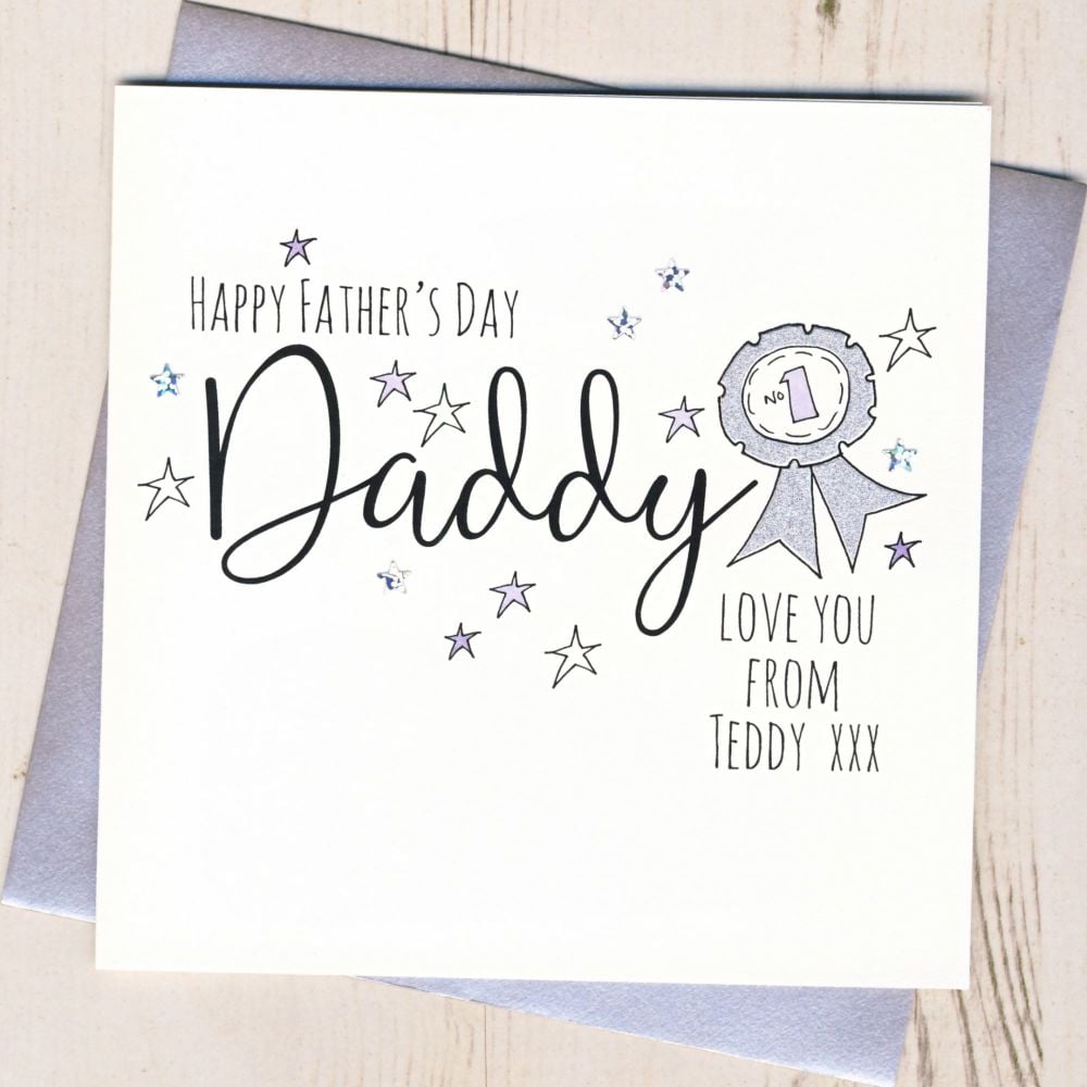 <!-- 001 -->Personalised Glittery Daddy Rosette Father's Day Card 