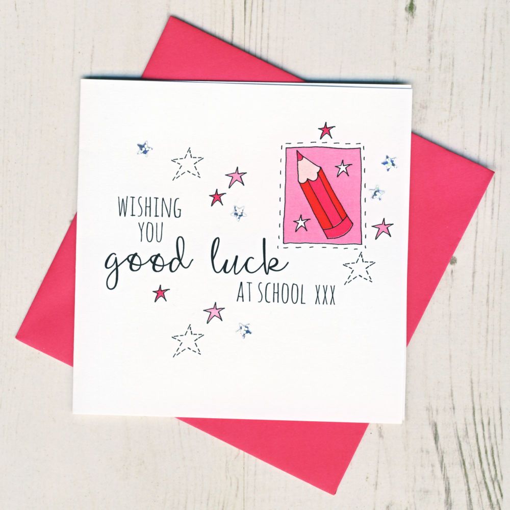 <!-- 003 -->Pink Pencil Good Luck At School Card
