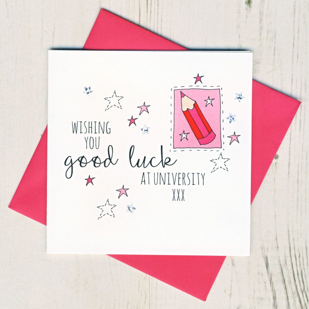 <!-- 003 -->Pink Pencil Good Luck At University Card