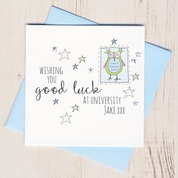 Personalised Blue Owl Good Luck At University Card