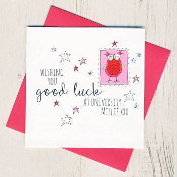 Personalised Pink Owl Good Luck At University Card