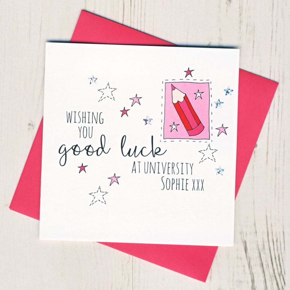 <!-- 003 -->Personalised Pink Pencil Good Luck At University Card