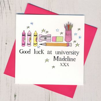 Personalised Pink Pencils Good Luck At University Card